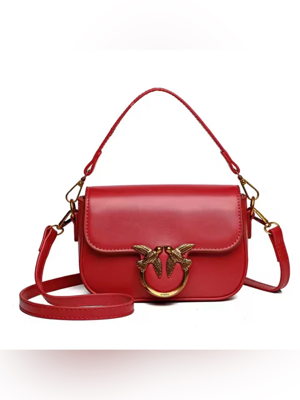 New designer inspired Red Leather Crossbody with Gold Bird Ring Accent